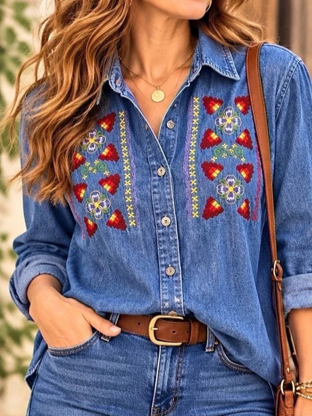 Cherokee Embroidered Denim Shirt L Western Boho